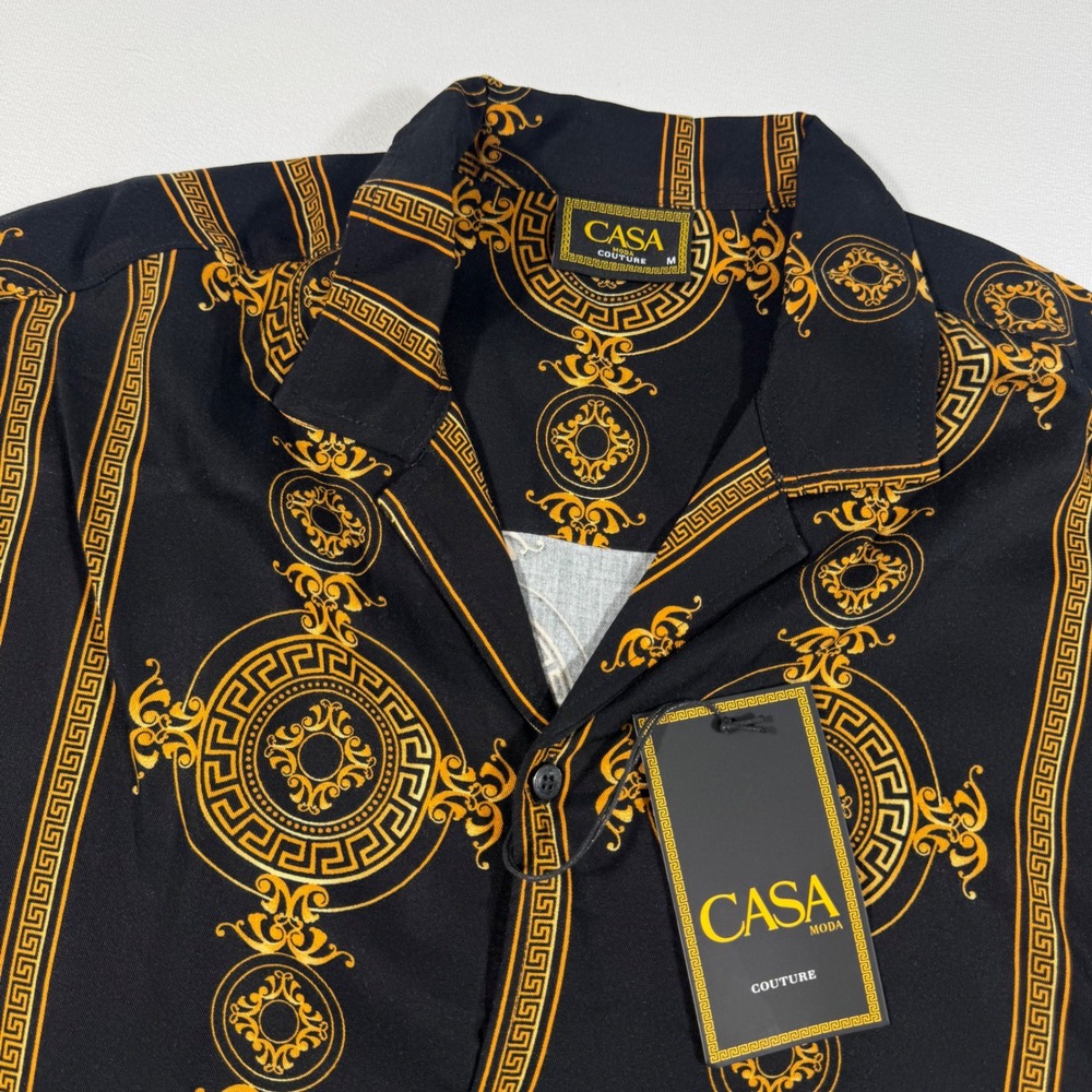 CASA Moda Mens Shirt M Short‎ Sleeve Button Down Black Gold Luxury 100% Rayon
